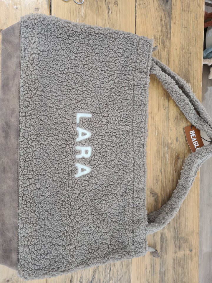 Teddy luiertas - taupe - leren rand